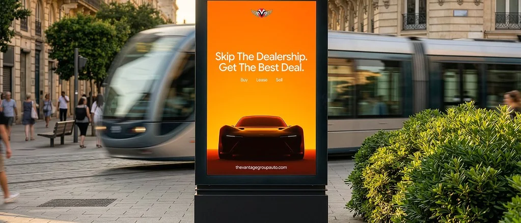 A Vantage Auto Group ad on a street screen