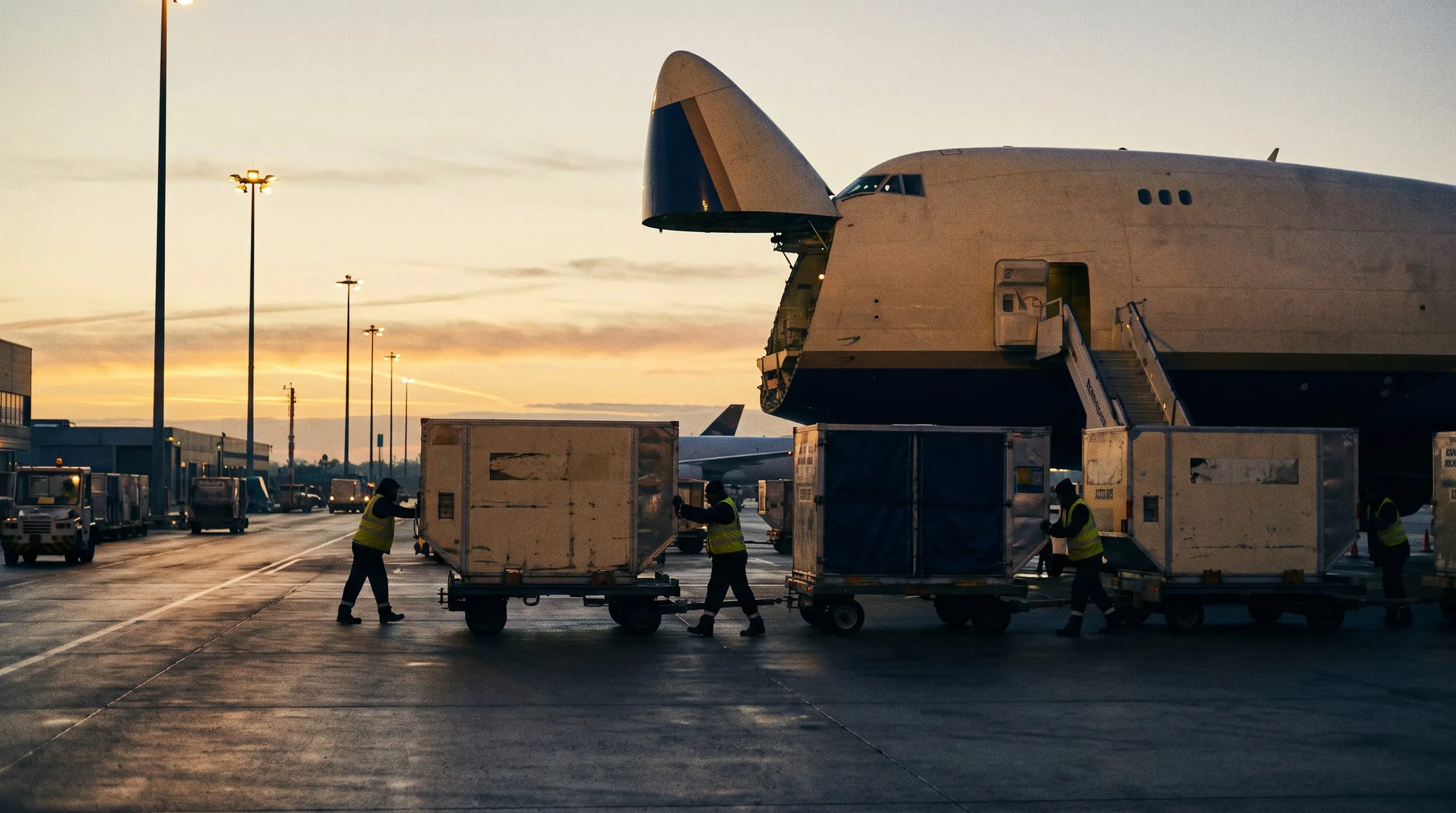 Freight being loaded onto a cargo aircraft at dawn.