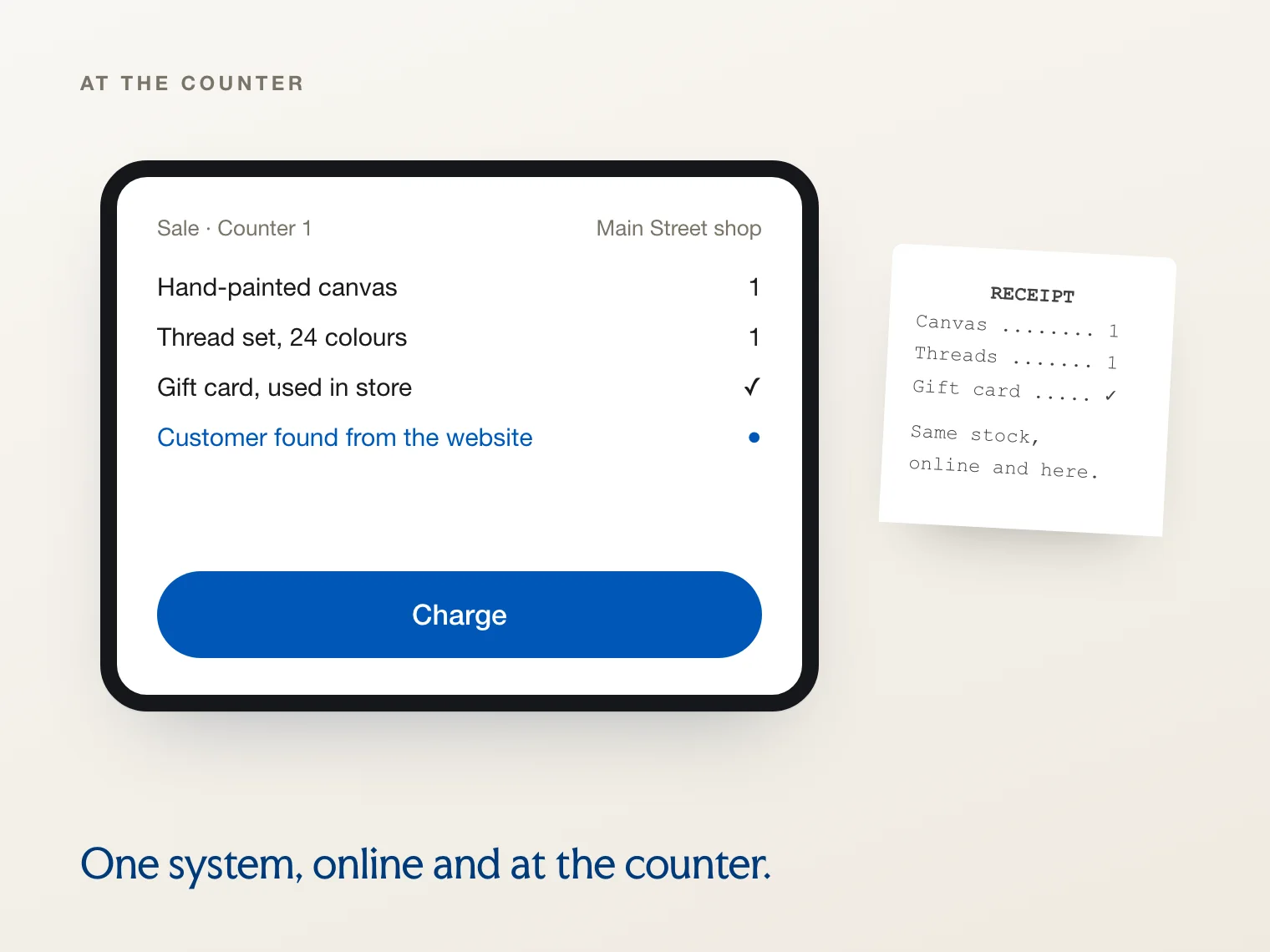 Shopify point of sale at the counter, sharing stock and gift cards with the website