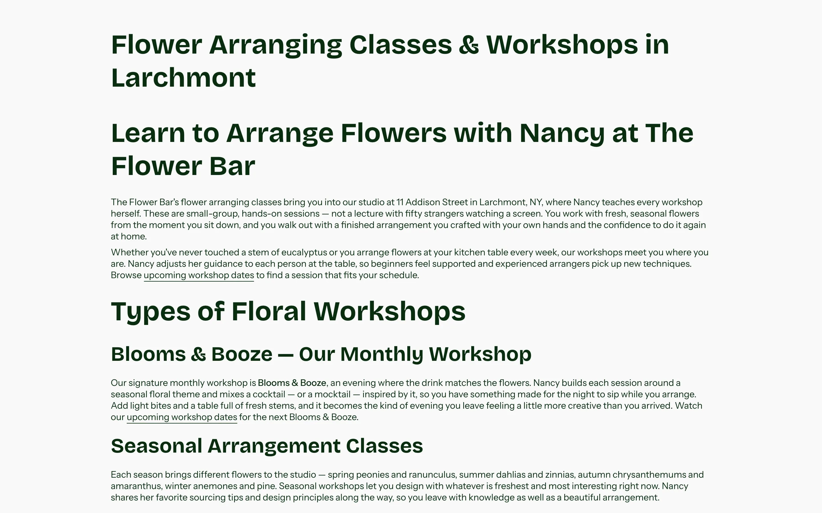 The Flower Bar website: Workshops